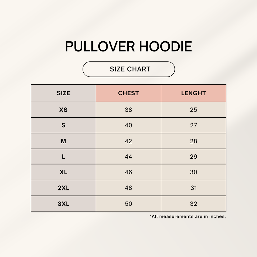 Pullover hoodie size chart showing chest and length measurements in inches from XS to 3XL.