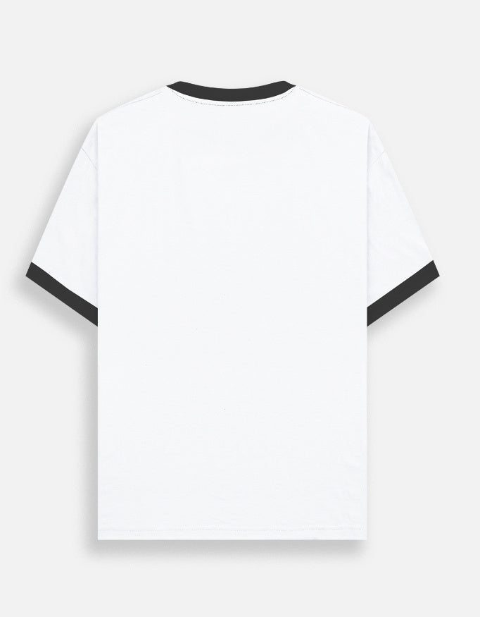 Plain white short sleeve t-shirt with black ribbed collar and sleeve cuffs.