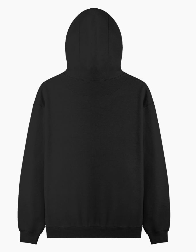 Back view of a plain black pullover hoodie with a hood and ribbed cuffs.