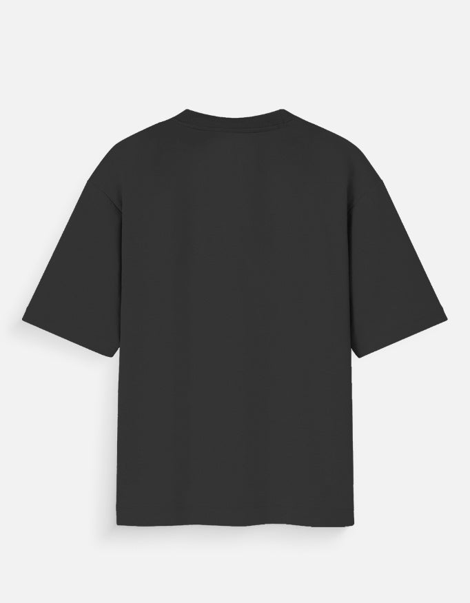 Back view of a plain black oversized short sleeve t-shirt.