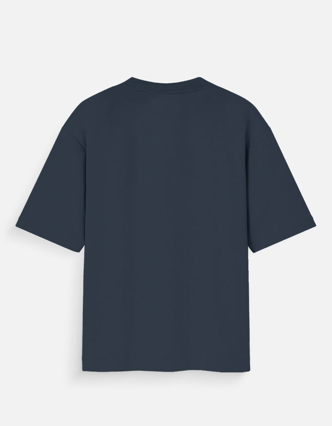Back view of a plain navy blue oversized short sleeve cotton t-shirt.