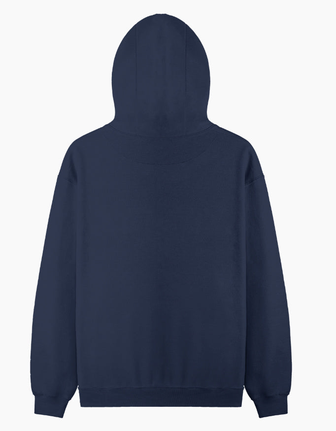 Back view of a plain navy blue hooded sweatshirt on a white background