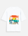 White t-shirt with a vintage tropical sunset graphic featuring palm trees and birds.