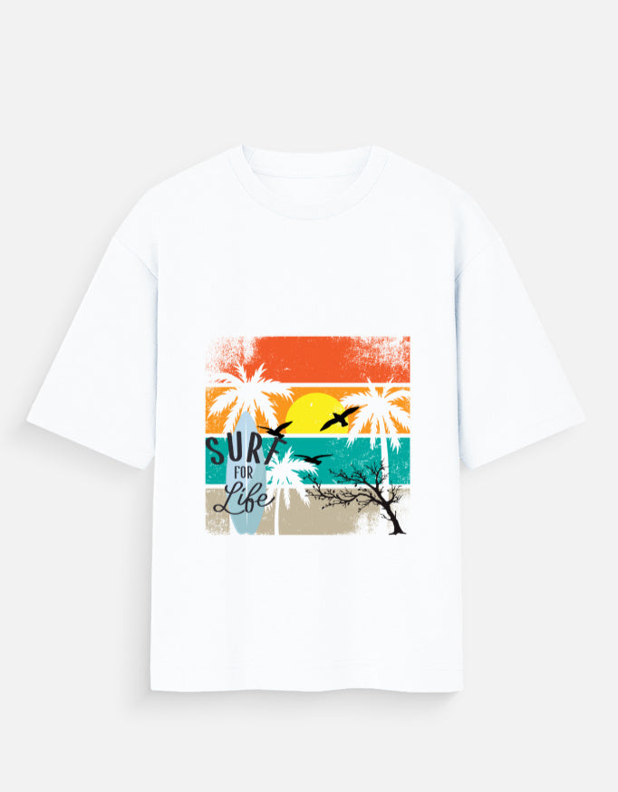 White t-shirt with a vintage tropical sunset graphic featuring palm trees and birds.