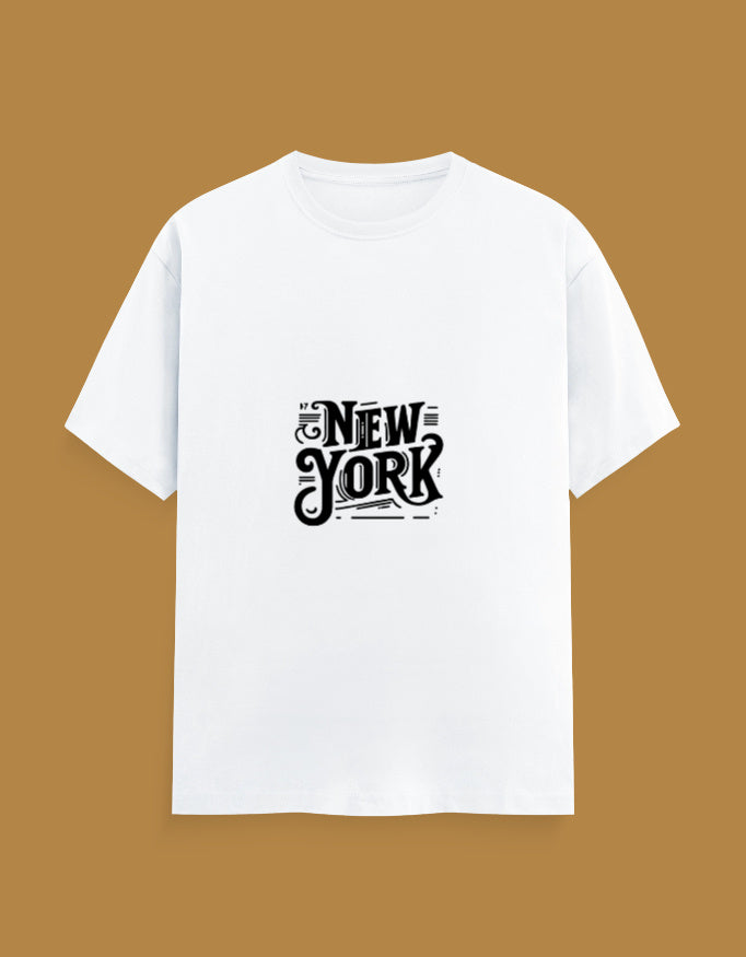 White t-shirt featuring a black New York typography graphic design.