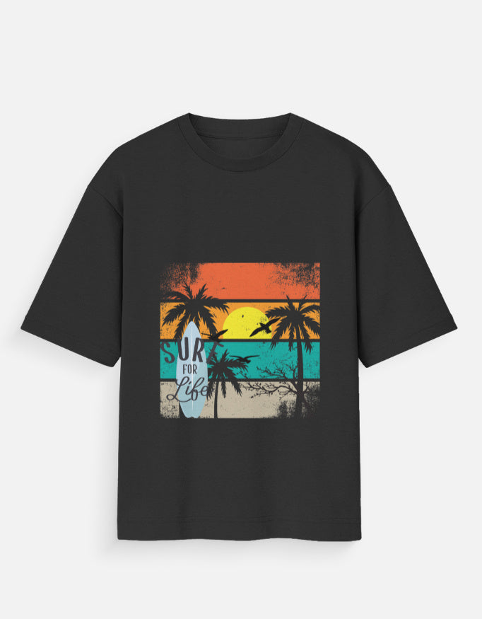 Black t-shirt with vintage sunset tropical beach graphic and Surf for Life text.