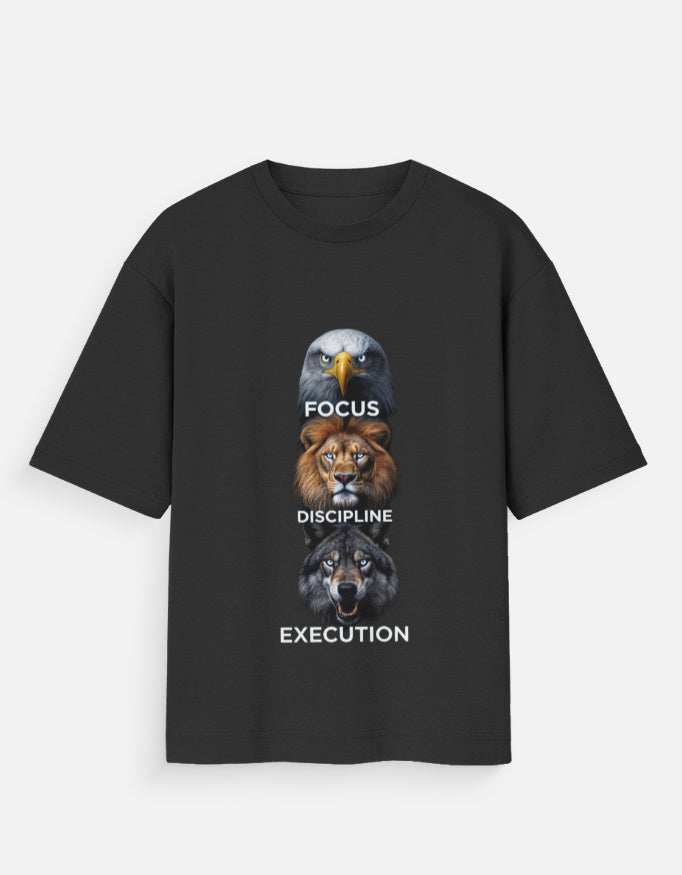 Black t-shirt featuring eagle, lion, and wolf heads with text Focus, Discipline, and Execution.
