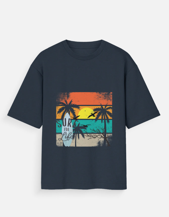 Navy blue t-shirt with retro sunset tropical palm trees and Surfing Life graphic design.
