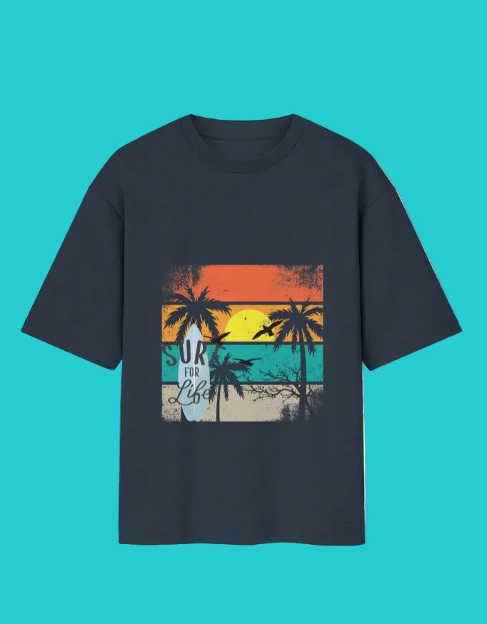 Navy blue t-shirt with retro sunset, palm trees, and Surf For Life graphic print.