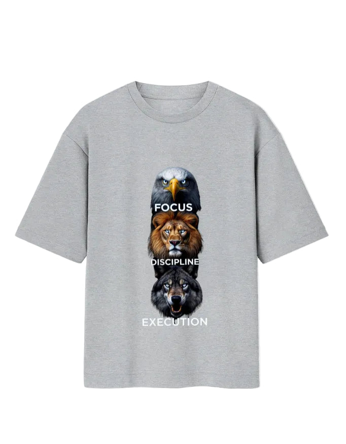 Grey t-shirt featuring eagle, lion, and wolf heads with focus, discipline, and execution text.