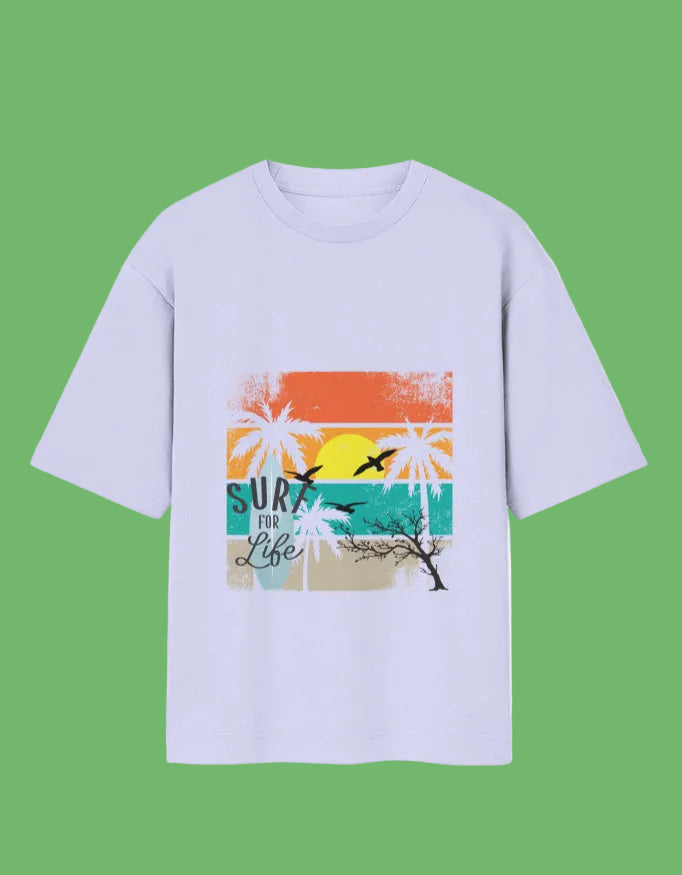 Light purple t-shirt with a retro sunset beach graphic featuring palm trees and birds.
