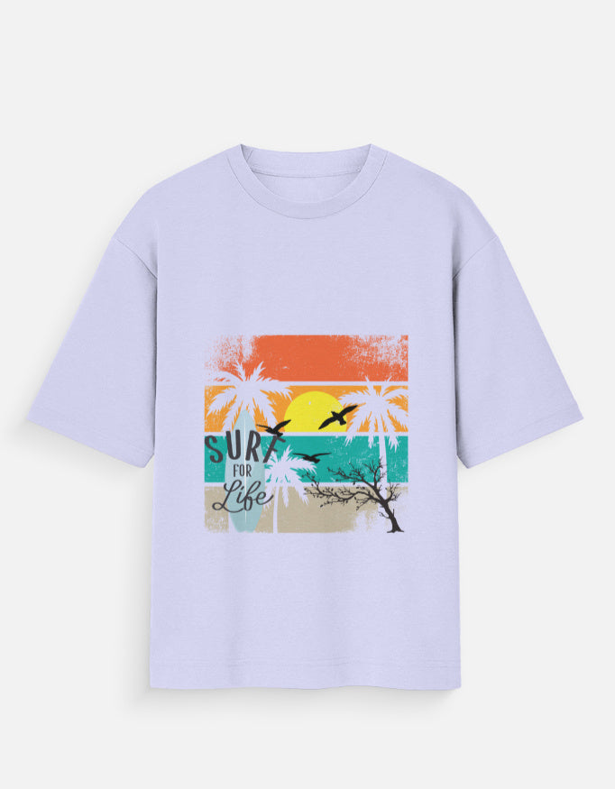 Light purple t-shirt with vintage tropical sunset and surf for life graphic design