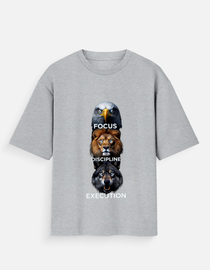 Grey t-shirt with eagle, lion, and wolf graphic featuring Focus, Discipline, and Execution text.