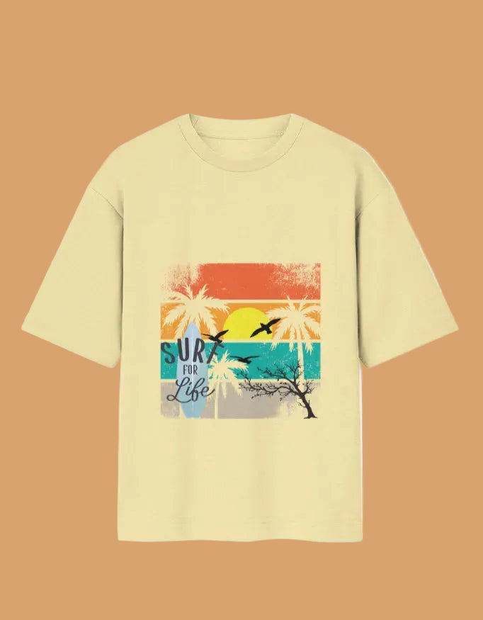 Cream t-shirt with vintage sunset beach graphic featuring palm trees and birds.