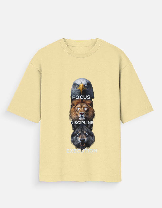 Yellow t-shirt featuring eagle, lion, and wolf heads with focus, discipline, execution text.