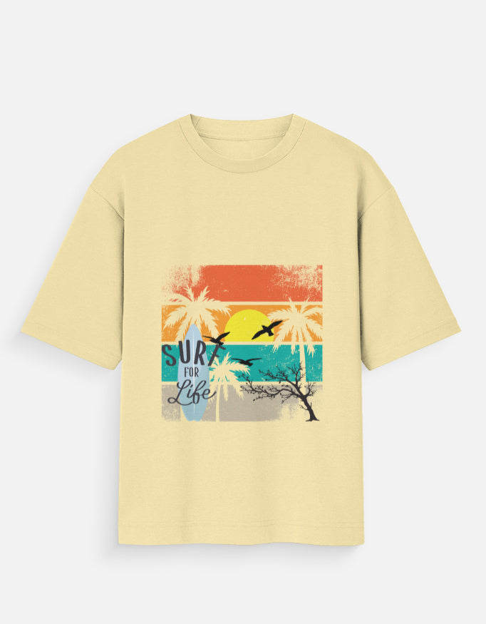 Cream t-shirt with vintage sunset, palm trees, and Surf for Life graphic print.