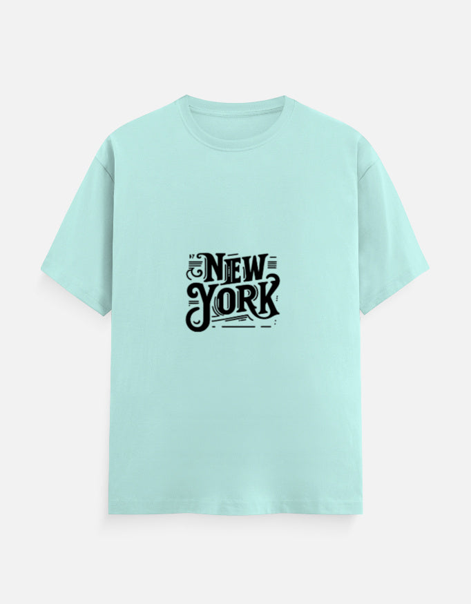 Light blue t-shirt with a black graphic print that says New York.